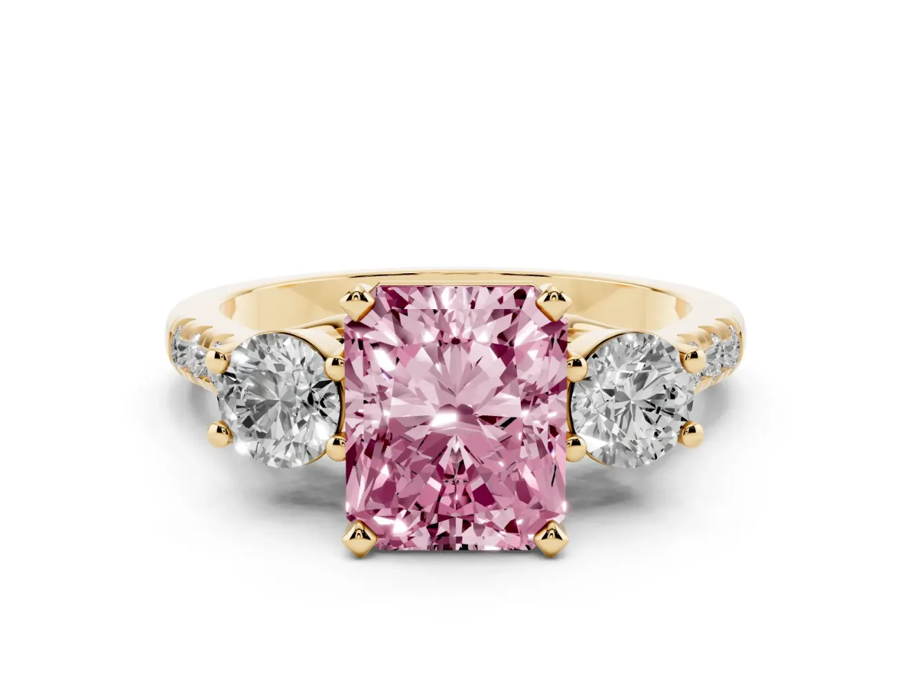 Radiant Cut Three-Stone Engagement Ring Setting for a Fancy Pink Lab-Grown Diamond | Yellow Gold