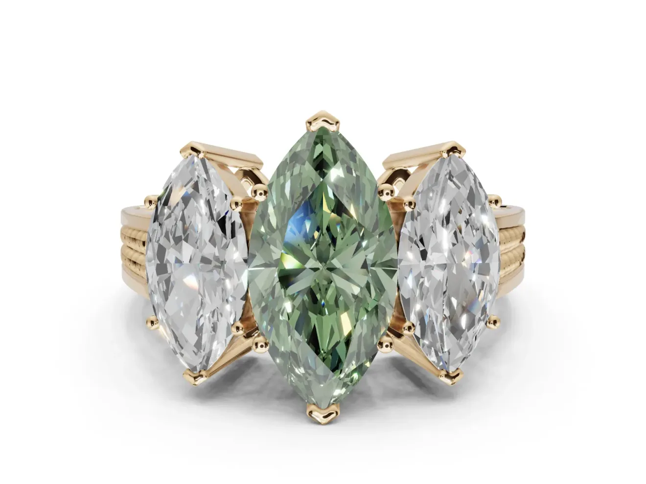 Marquise Three Stone Engagement Ring Setting for a Fancy Green Lab-Grown Diamond | Beaded Shoulders | Yellow Gold