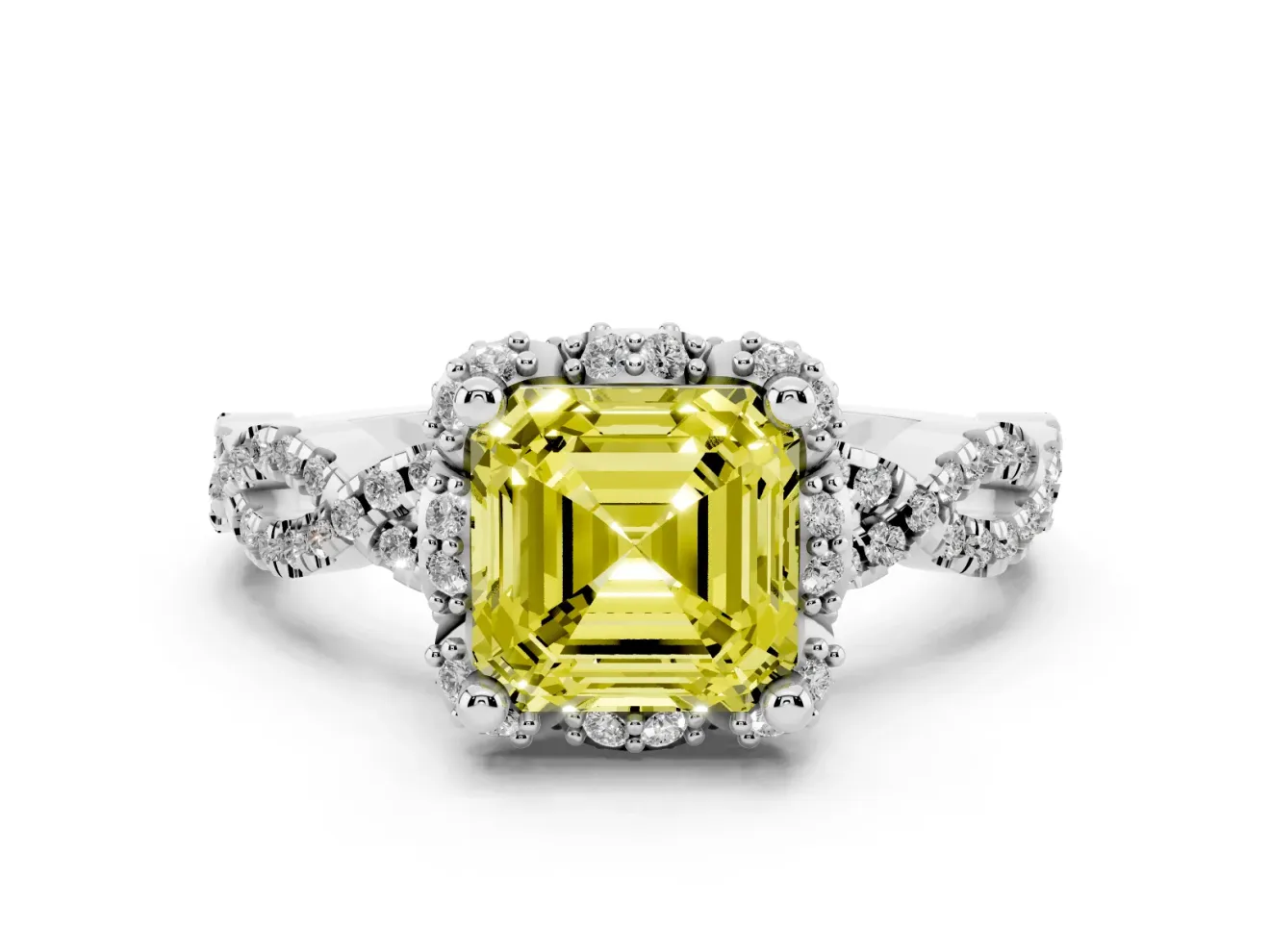 Fancy Yellow Asscher Cut Diamond Halo Twist Band Solitaire Ring Set in Platinum with Prong-Set Center Stone