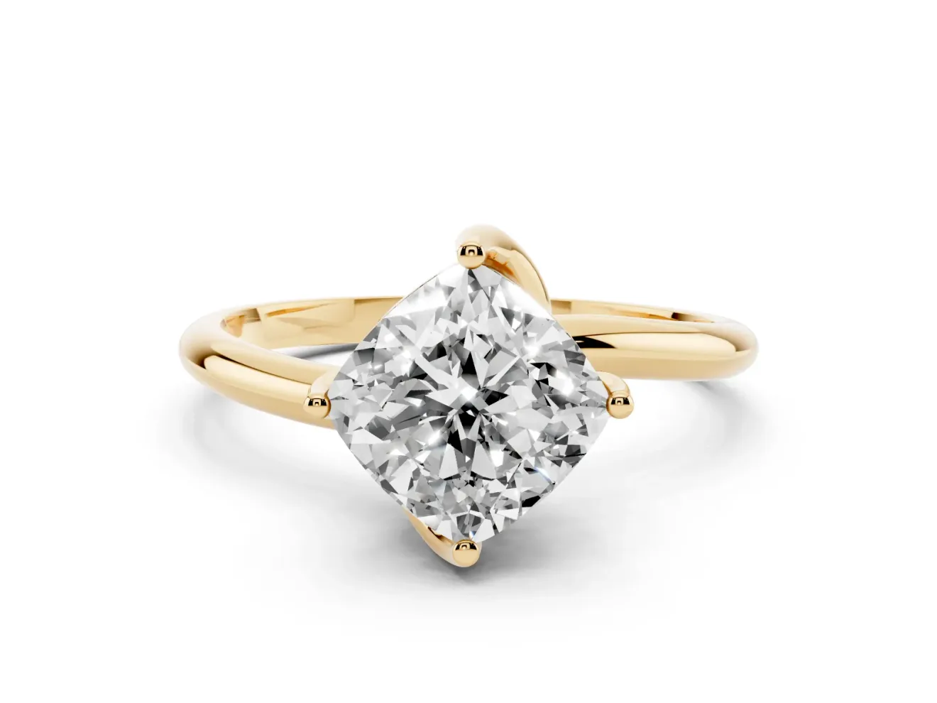 Cushion Cut Bypass Solitaire Engagement Ring Setting | Plain Band | Yellow Gold