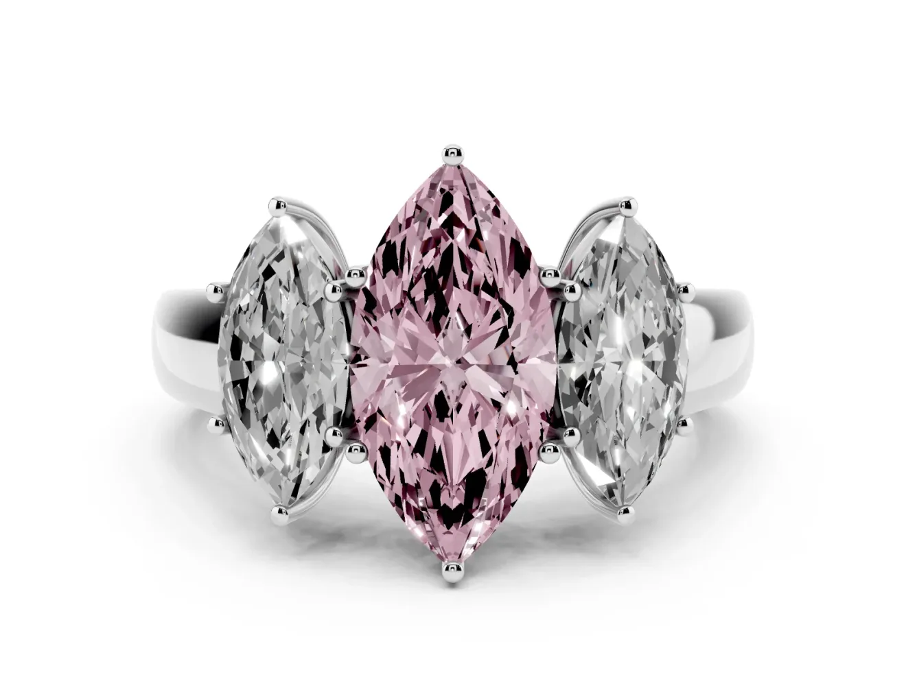 Fancy Pink Three-Stone Marquise Cut Diamond Ring Set in Silver with Matching Prong Settings and Plain Band