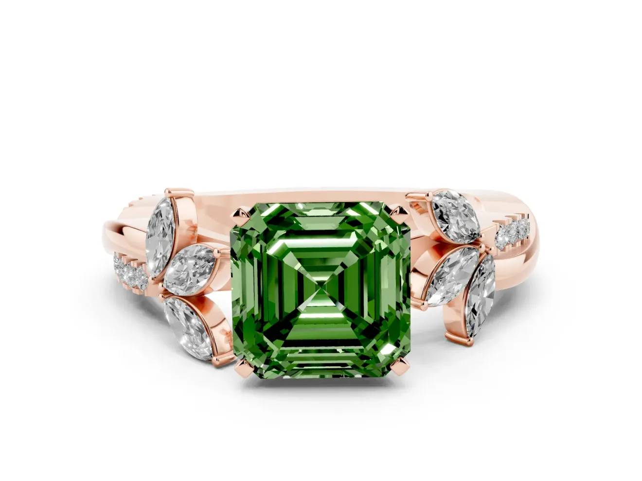 Fancy Green Asscher Cut Diamond Floral Vine Solitaire Engagement Ring Set in Rose gold with Marquise Leaves
