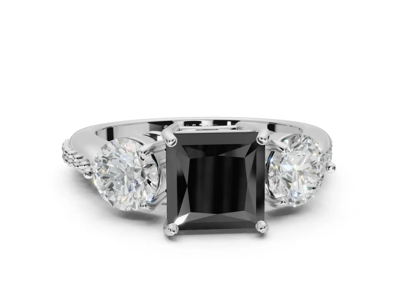Fancy Black Princess Cut Lab-Grown Diamond Three-Stone Ring Set in Sterling Silver with Channel-Set Band and Prong Setting