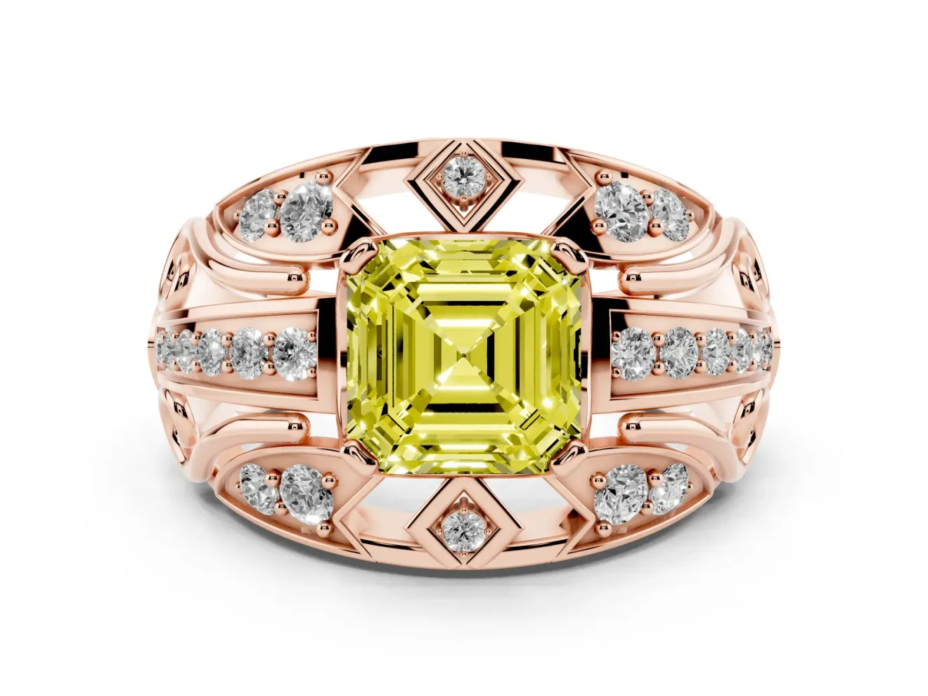 Asscher Cut Art Deco Engagement Ring Setting for a Fancy Yellow Lab-Grown Diamond | Rose Gold