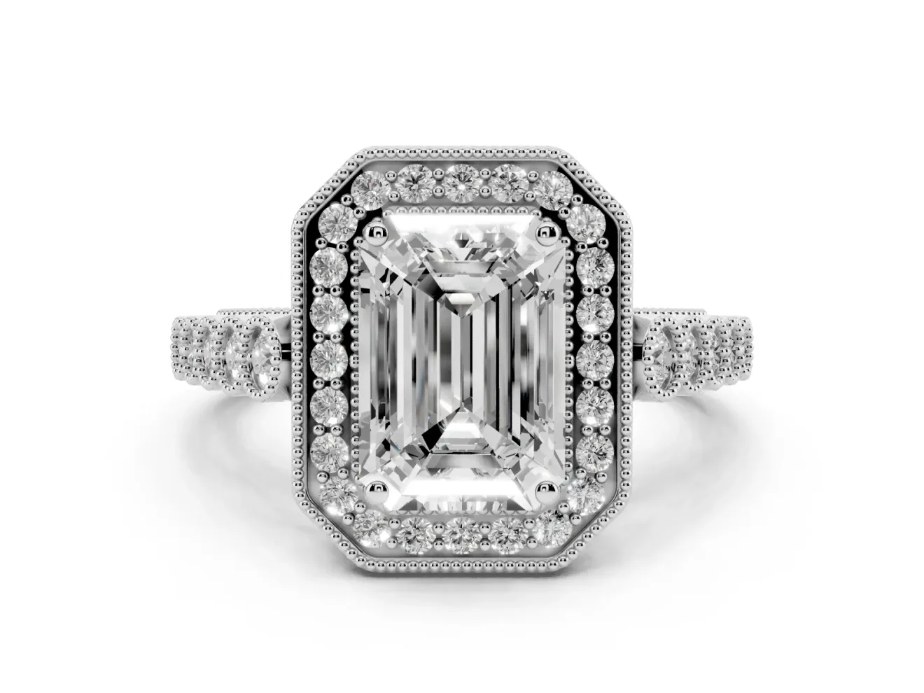 Emerald Cut Milgrain Halo Engagement Ring Setting | Graduated Bezel Accents | Sterling Silver