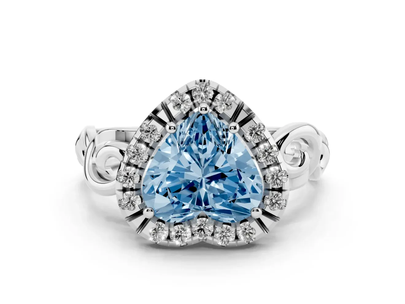 Heart-Shaped Filigree Halo Engagement Ring Setting for a Fancy Blue Lab-Grown Diamond | White Gold
