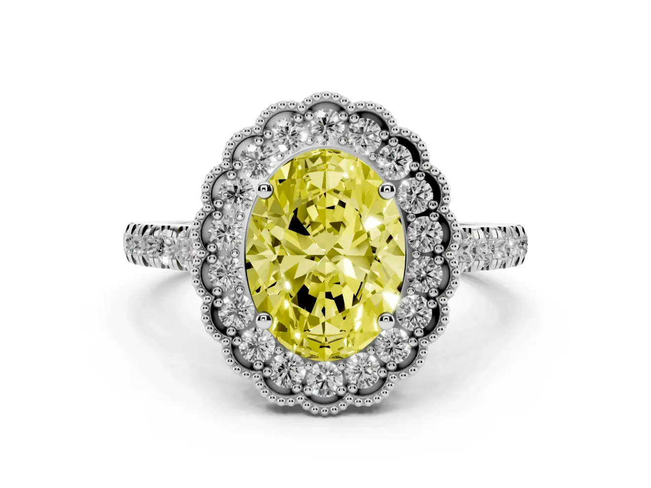 Fancy Yellow Oval Cut Diamond Milgrain Floral Halo Engagement Ring Set in Platinum with Pavé Band