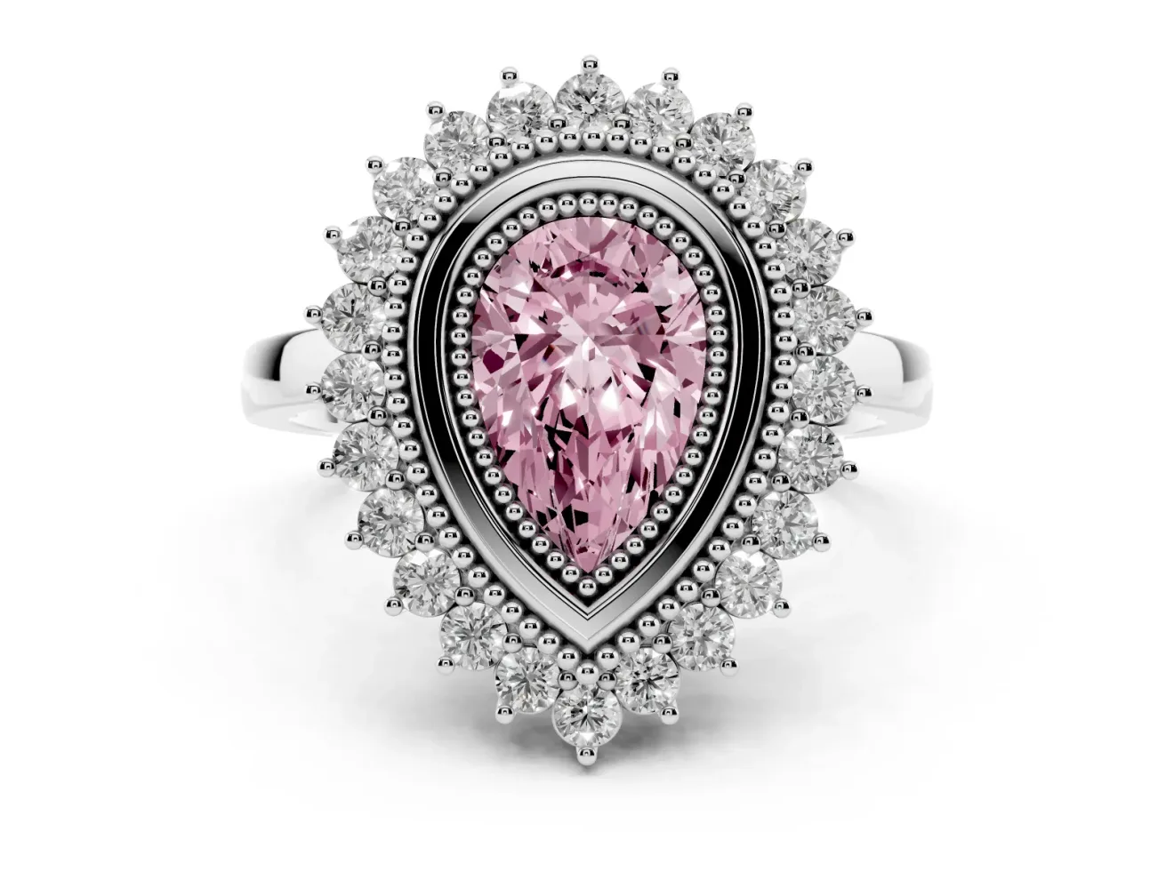 Fancy Pink Pear Cut Diamond Halo Ring Set in Silver with Milgrain Edge and Round Prong Setting