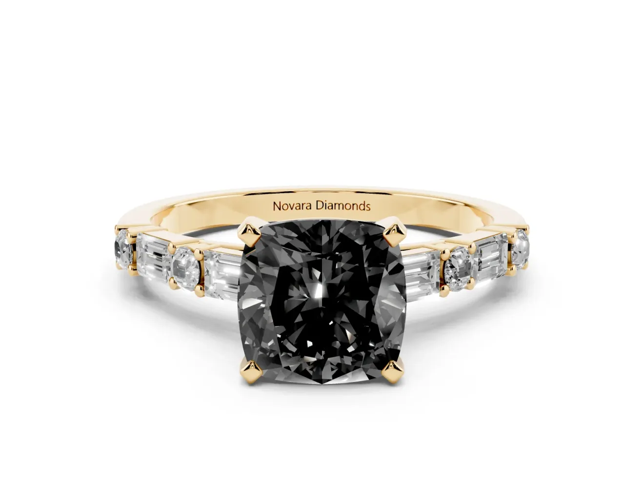 Cushion Cut Baguette Side Stone Engagement Ring Setting for a Black Center | Yellow Gold
