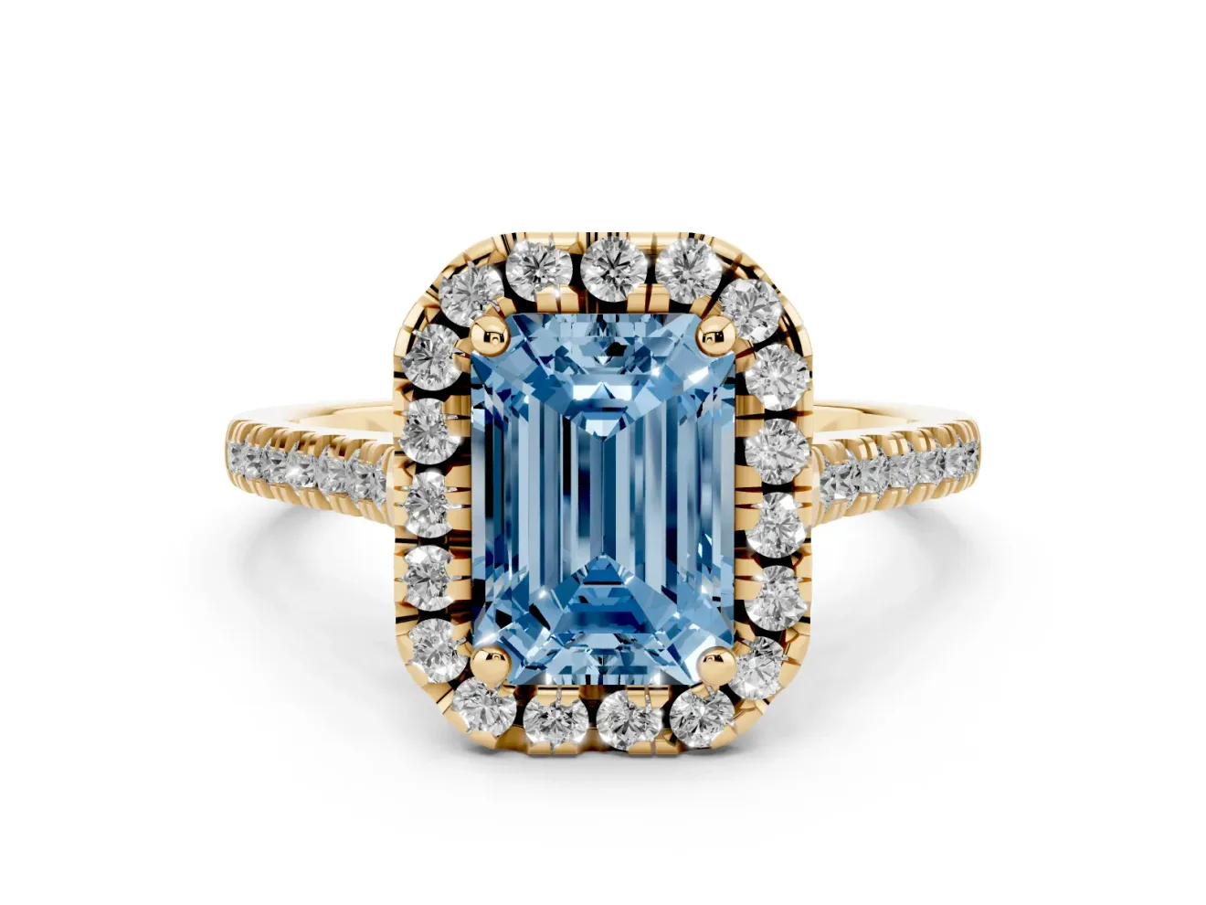 Emerald Cut Halo Engagement Ring Setting for a Fancy Blue Lab-Grown Diamond | Tapered Band | Yellow Gold
