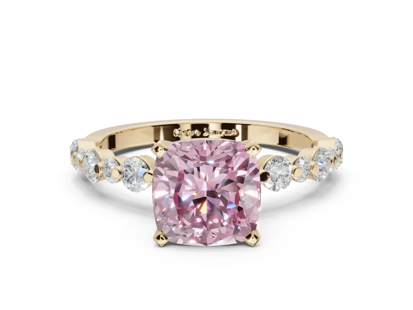 Cushion Cut Pavé Engagement Ring Setting for a Fancy Pink Lab-Grown Diamond | Alternating Accents | Yellow Gold