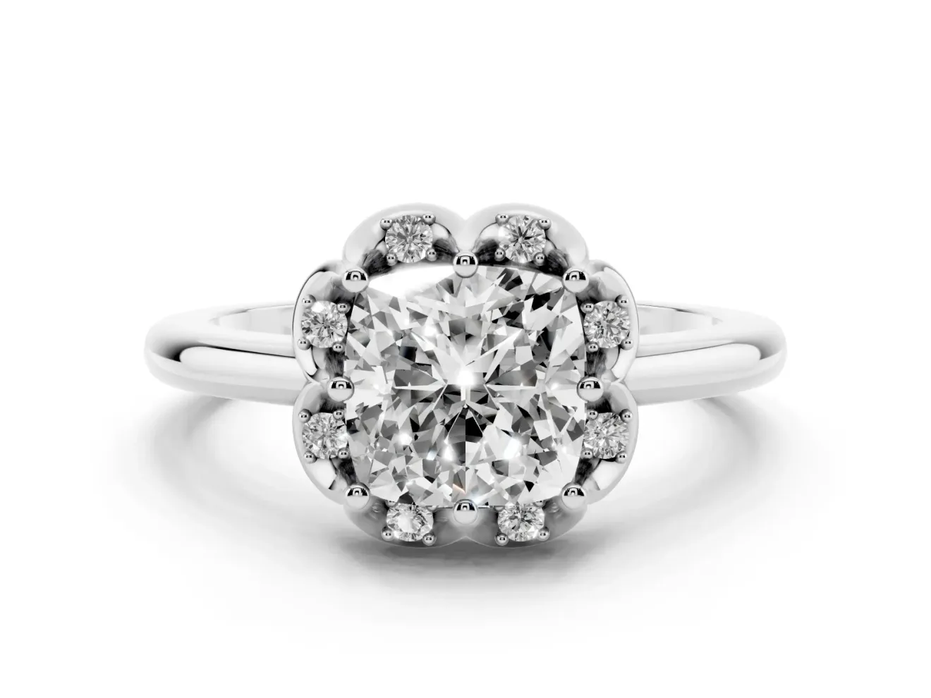 Cushion Cut Scalloped Petal Halo Engagement Ring Setting | Plain Band | Platinum