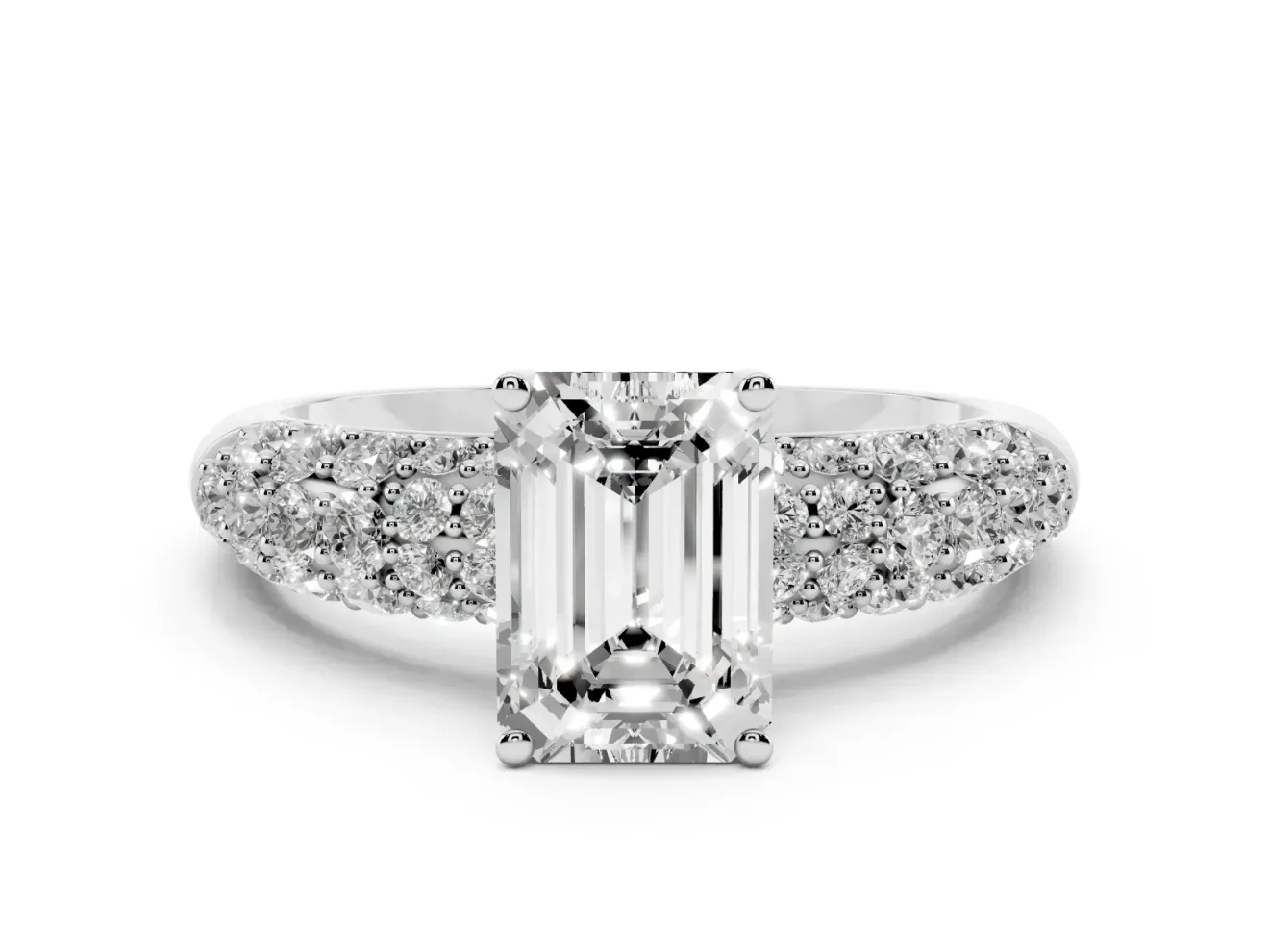 Emerald Cut Multi Row Pave Solitaire Engagement Ring Setting | Domed Shoulders | Sterling Silver