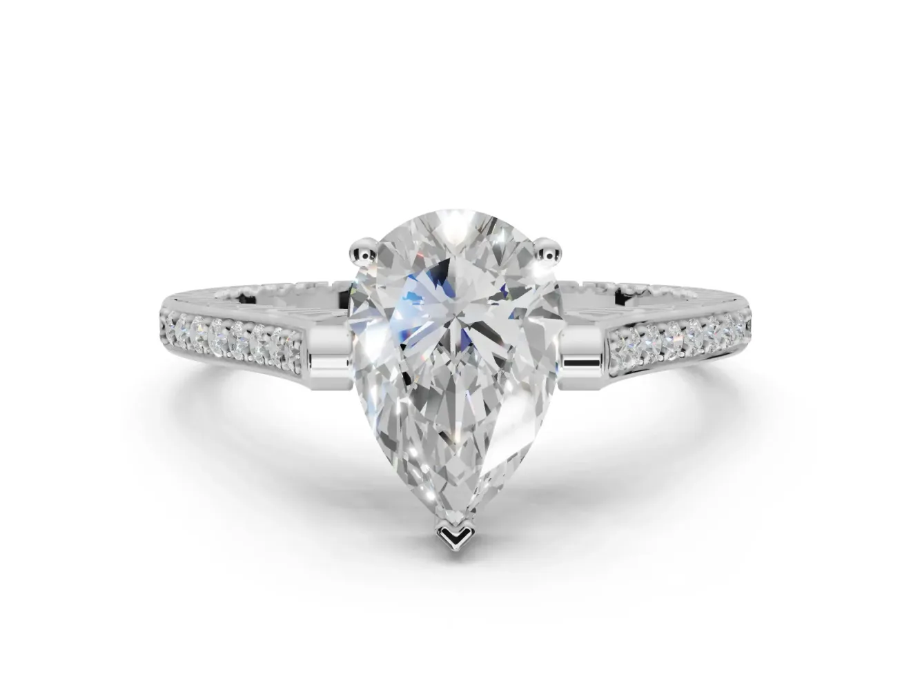 Pear-Shaped Vintage Cathedral Engagement Ring Setting | Carved Band | White Gold