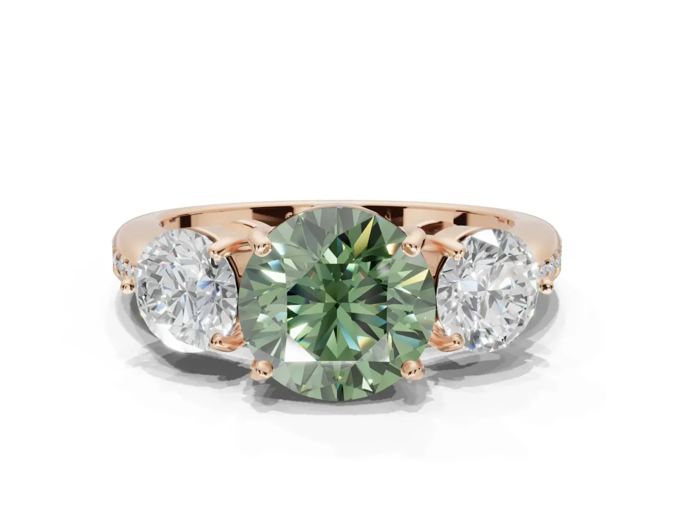 Round Three Stone Engagement Ring Setting for a Fancy Green Lab-Grown Diamond | Tapered Pave Band | Rose Gold