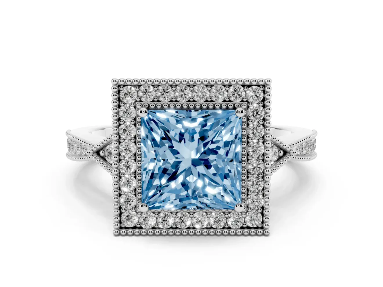 Fancy Blue Princess Cut Diamond Halo Engagement Ring Set in White gold with Milgrain Pavé Band