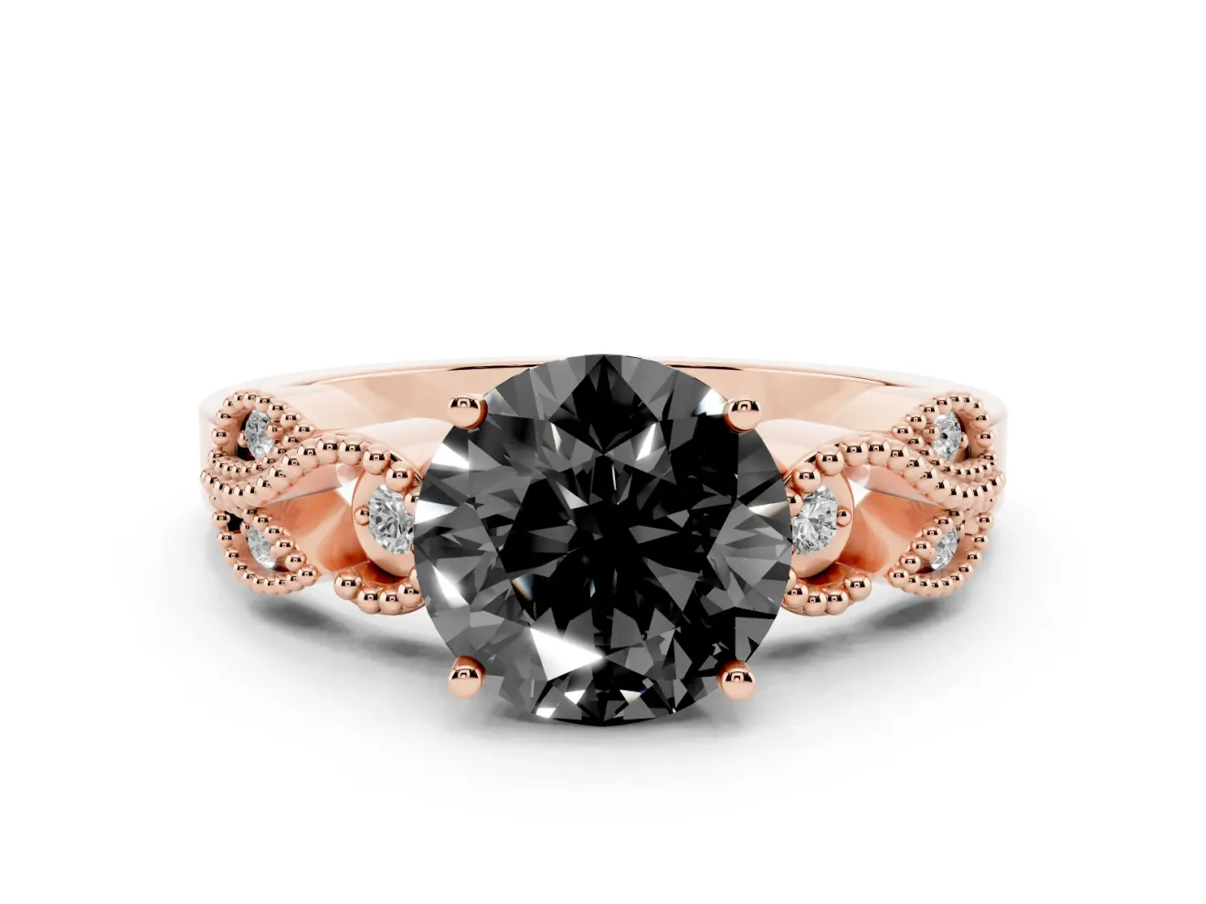 Fancy Black Round Cut Diamond Milgrain Leaf Band Solitaire Ring Set in Rose gold with Accent Stones and Prong Setting