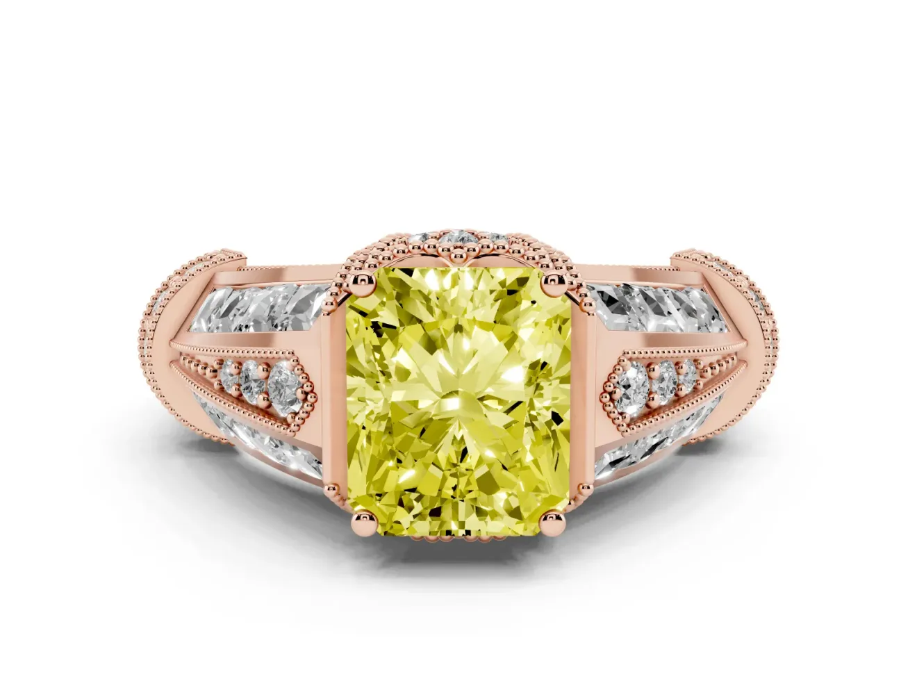 Fancy Yellow Radiant Cut Diamond Vintage-Inspired Milgrain Ring Set in Rose gold with Accent Split Shank