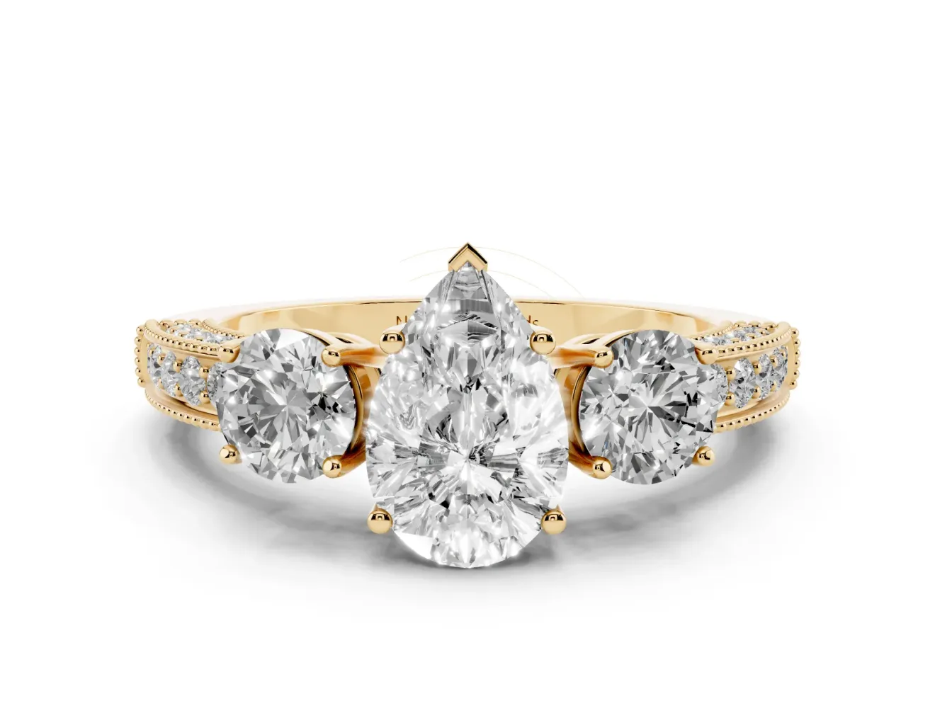 Pear-Shaped Vintage Three Stone Engagement Ring Setting | Graduated Milgrain Pave | Yellow Gold