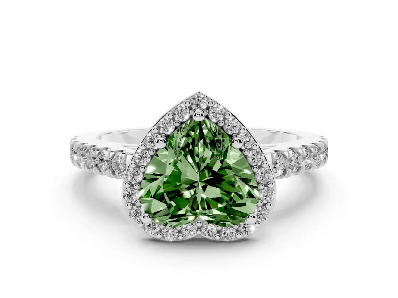 Fancy Green Heart Cut Diamond Halo Engagement Ring Set in White gold with Pavé Band and Prong Setting