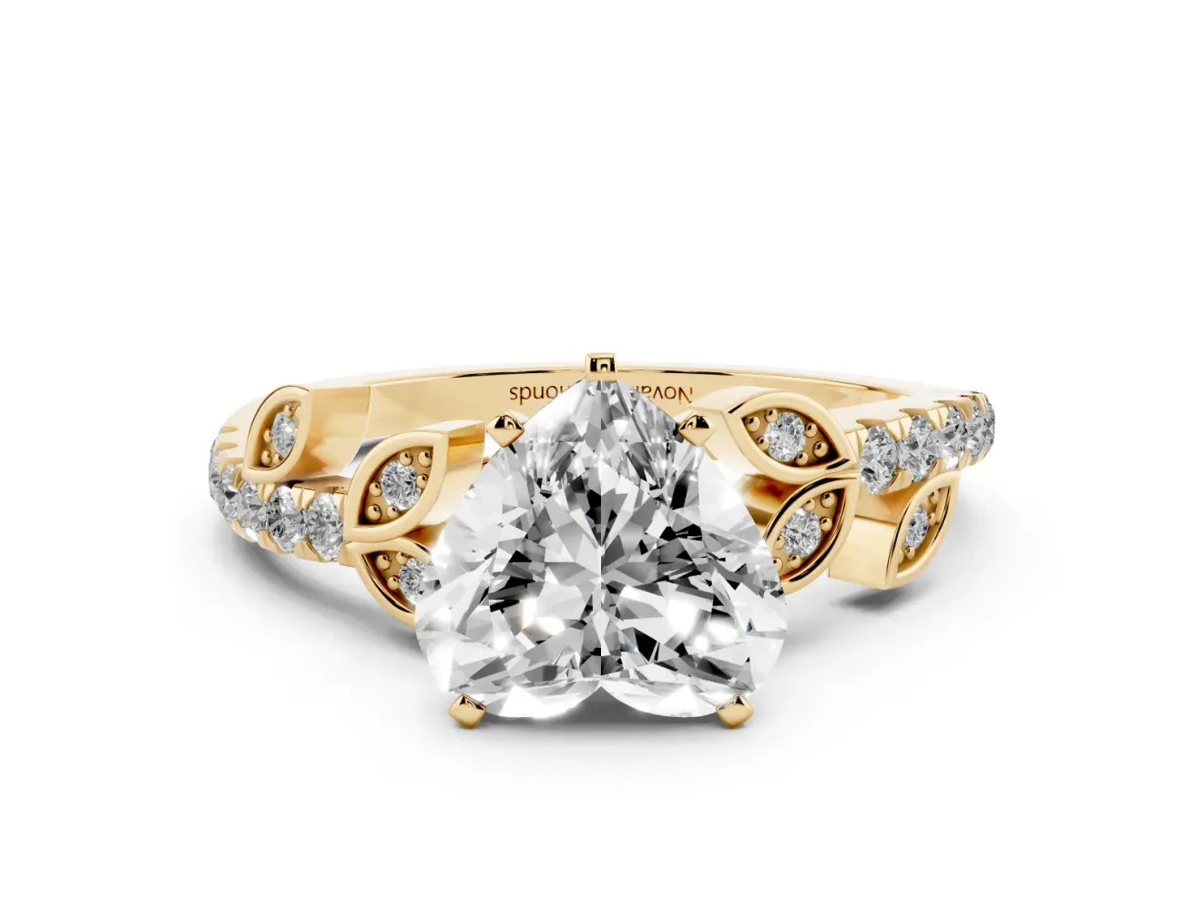 Heart Cut Diamond Solitaire Leaf-Inspired Ring Set in Yellow gold with Pavé Band and Prong Setting