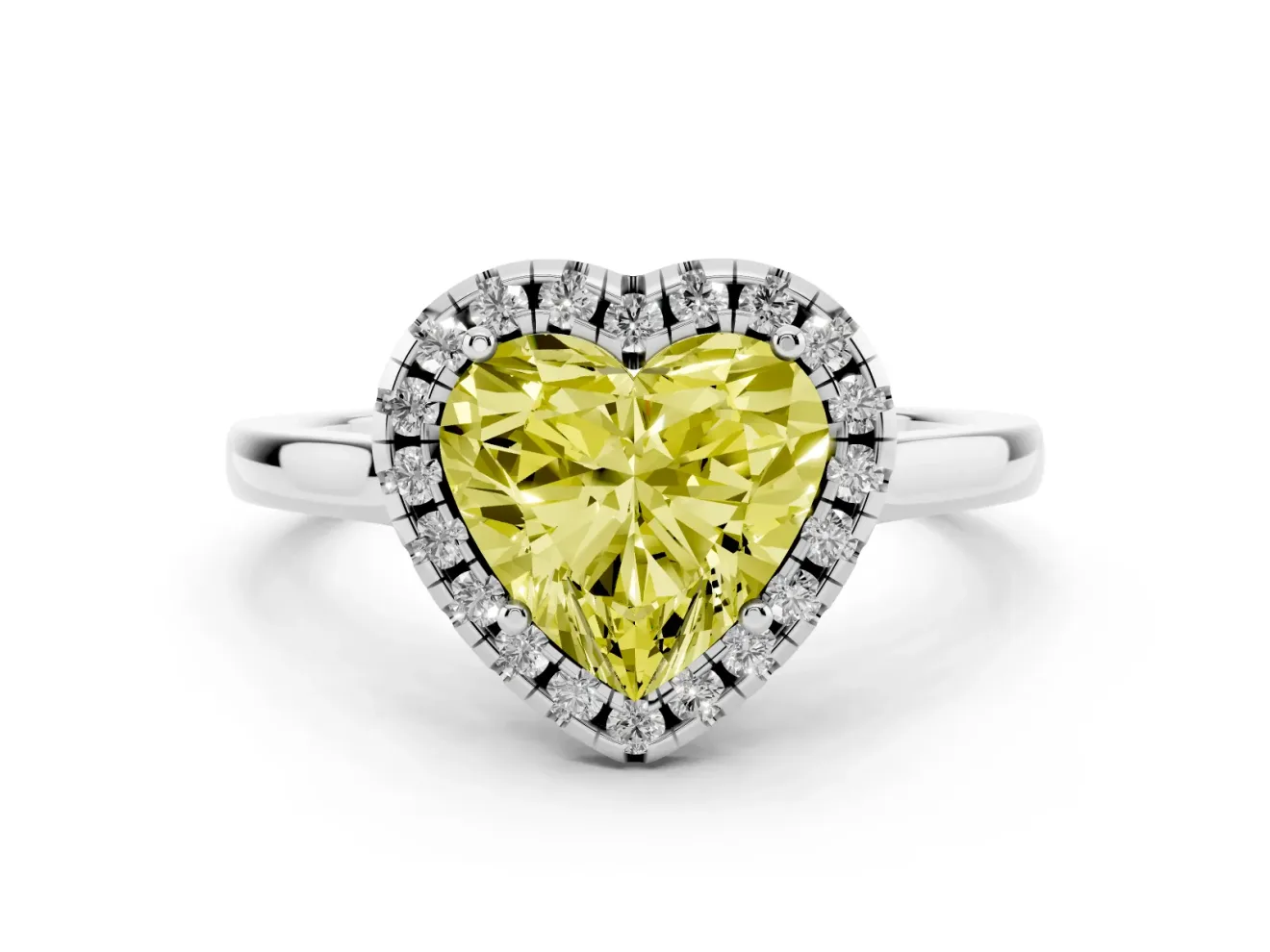 Fancy Yellow Heart Cut Halo Round Diamond Solitaire Ring Set in Platinum with Pavé Band and Prong Setting