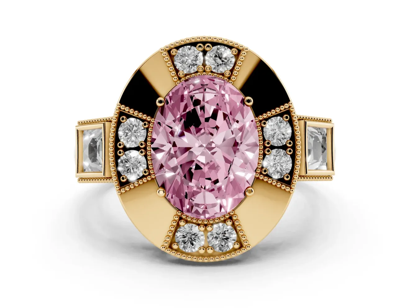 Fancy Pink Oval Cut Diamond Milgrain Halo Ring Set in Yellow gold with Split Shank