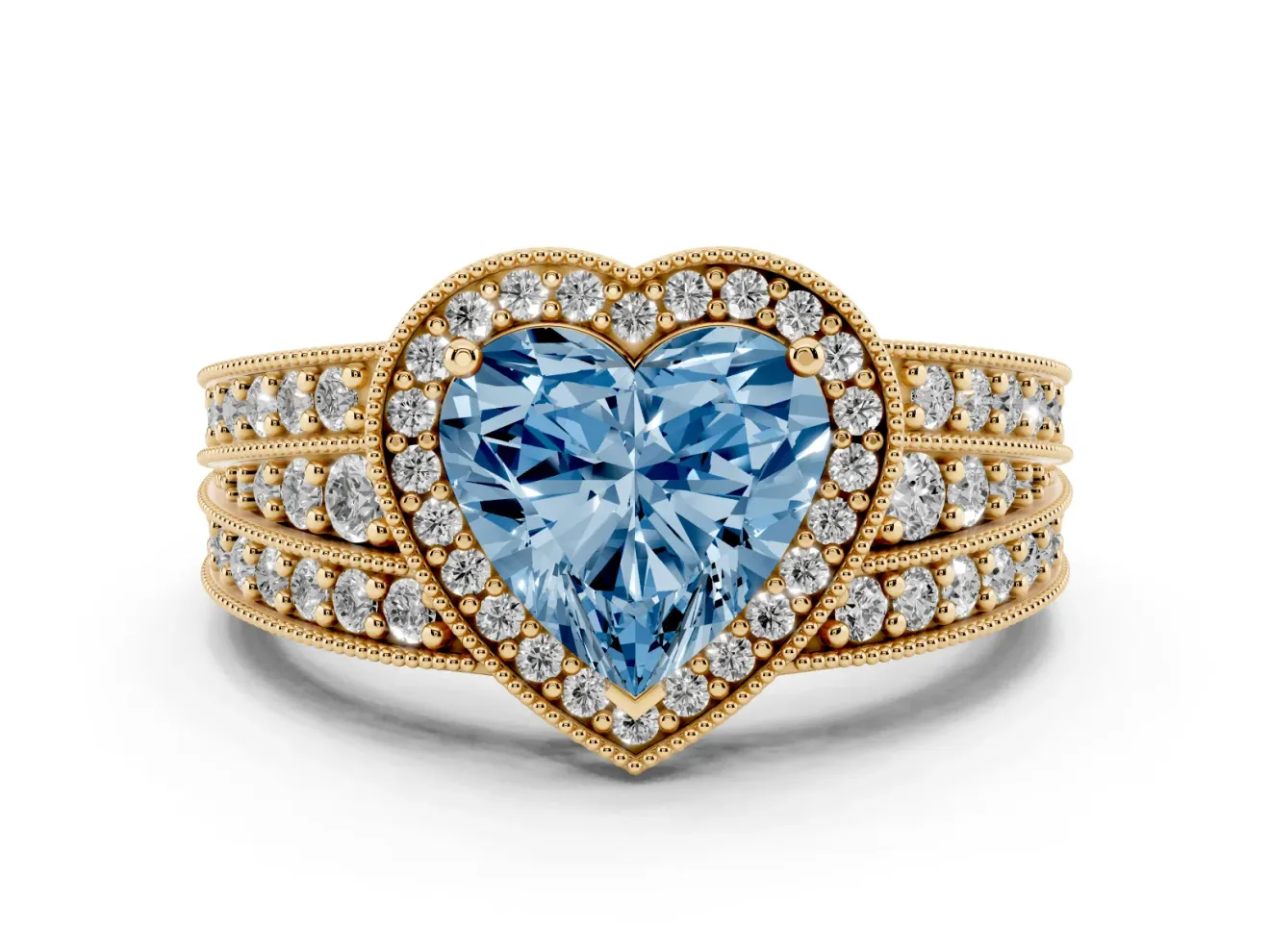 Fancy Blue Heart Cut Diamond Halo Ring Set in Yellow gold with Accent Split Shank and Prong Setting