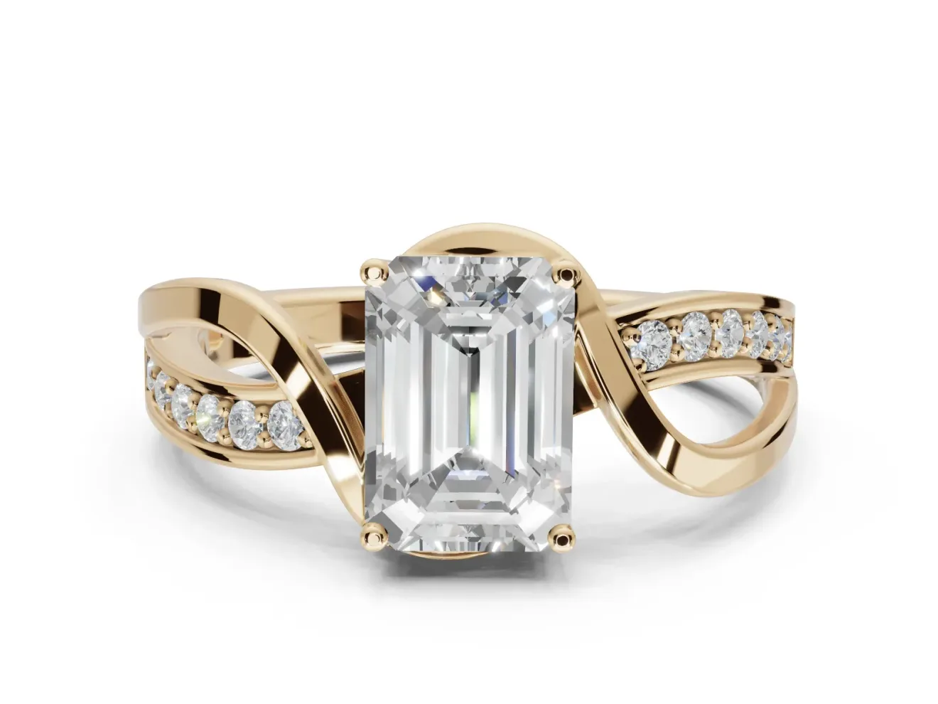 Emerald Cut Bypass Solitaire Engagement Ring Setting | Pavé and Plain Strands | Yellow Gold