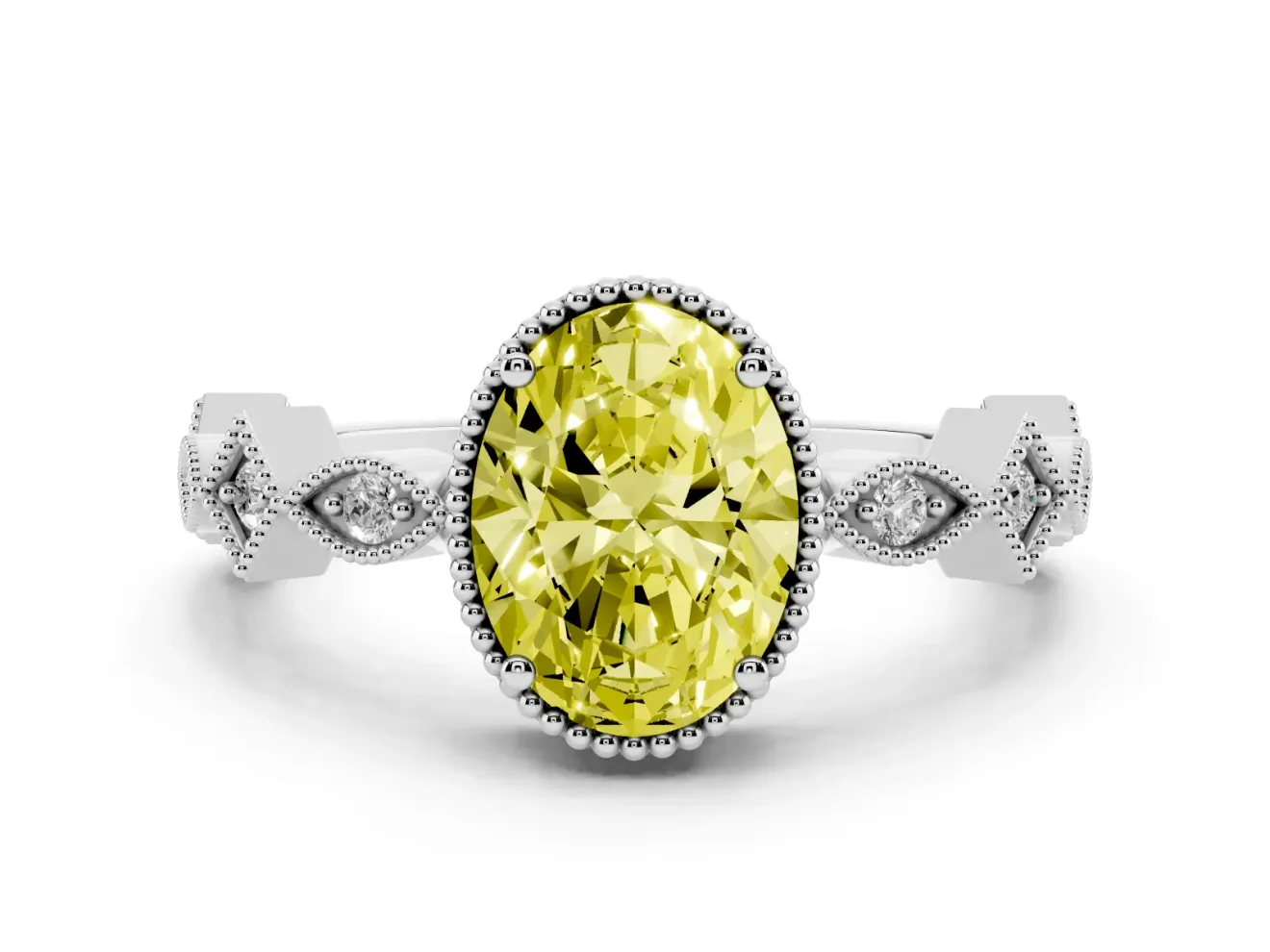Fancy Yellow Oval Cut Diamond Milgrain Marquise Twist Band Ring Set in Platinum with Prong Setting