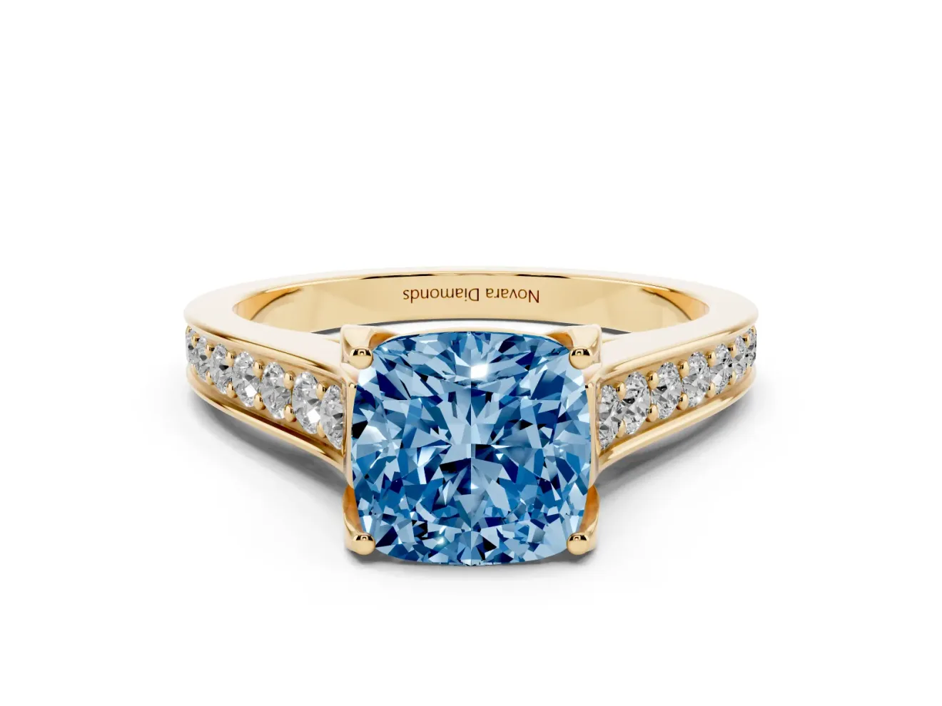Fancy Blue Cushion Cut Diamond Solitaire Pavé Engagement Ring Set in Yellow gold with Prong Setting