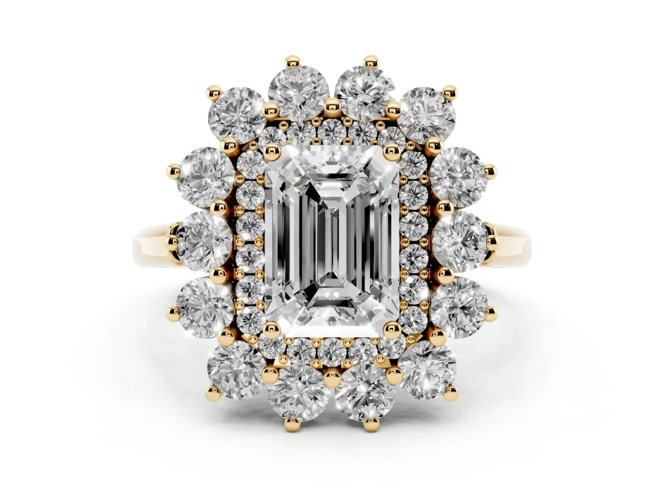 Emerald Cut Floral Double Halo Engagement Ring Setting | Plain Band | Yellow Gold