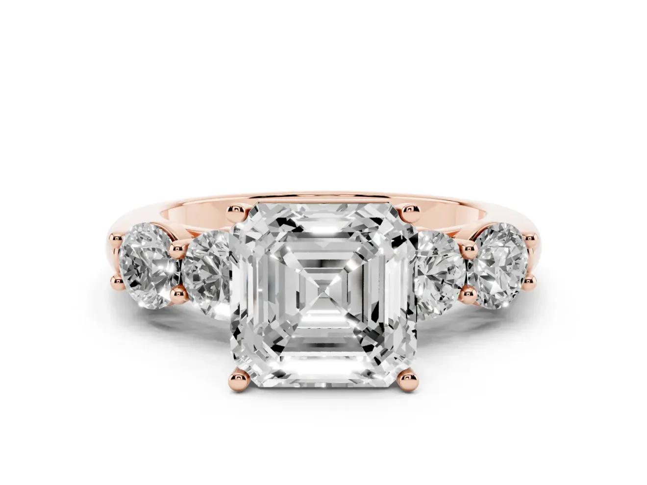 Asscher Cut Five Stone Engagement Ring Setting | Prong Set Side Stones | Rose Gold