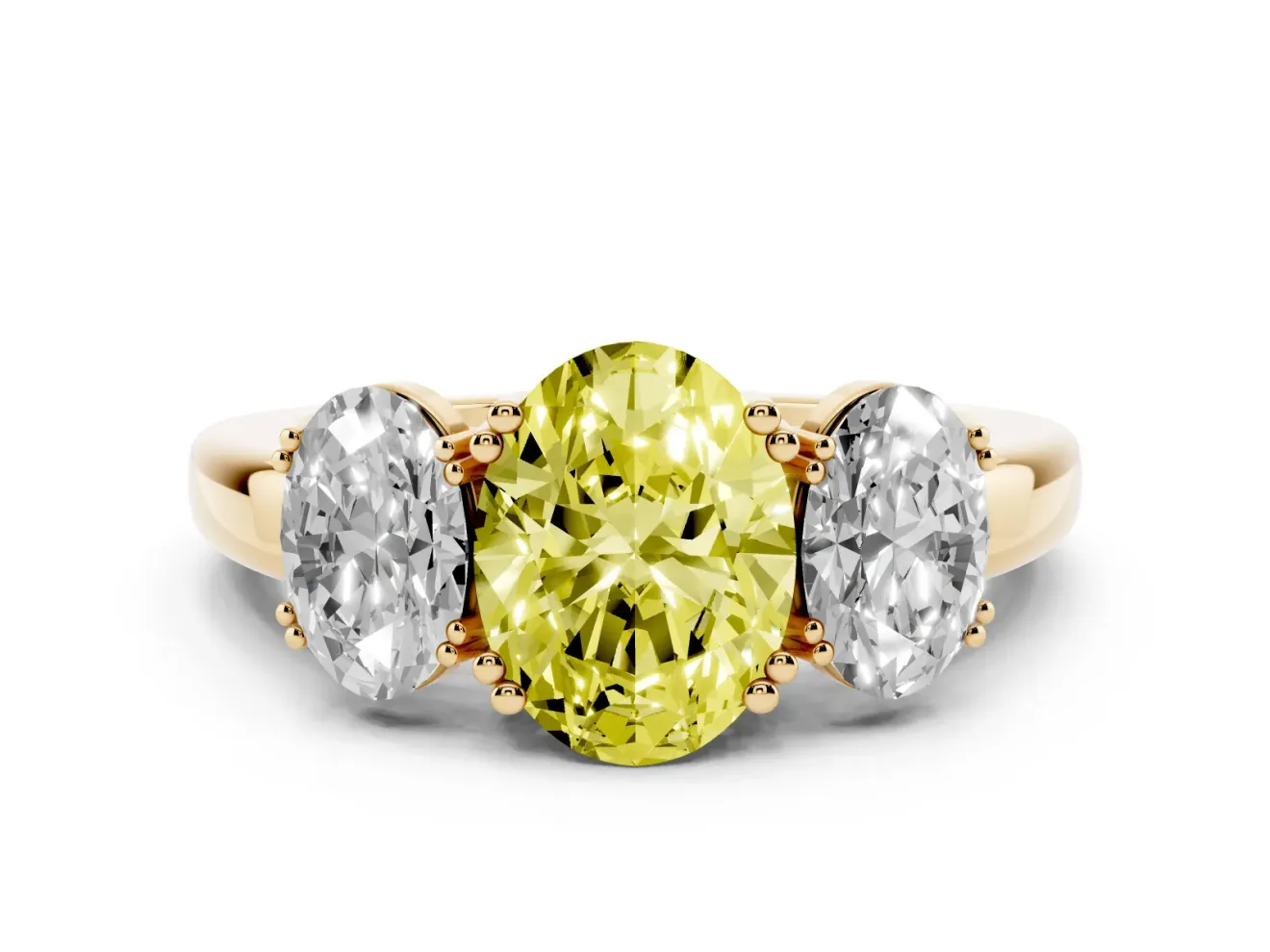 Oval Three Stone Engagement Ring Setting for a Fancy Yellow Lab-Grown Diamond | Double Claw Head | Yellow Gold