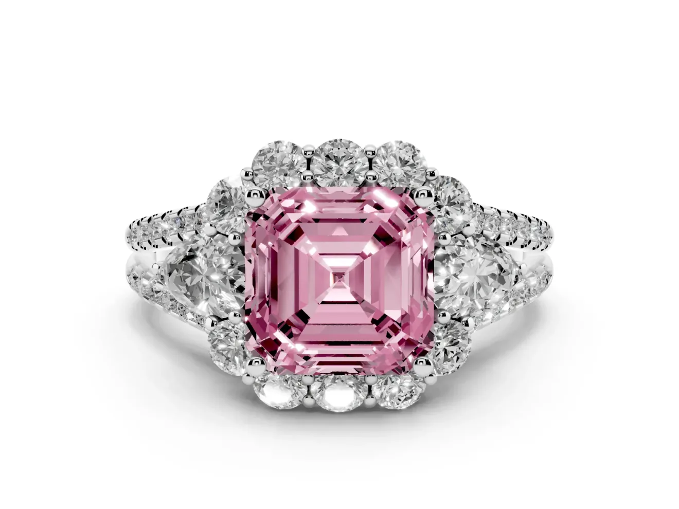 Fancy Pink Asscher Cut Diamond Halo Split Shank Engagement Ring Set in Silver with Prong-Held Center Stone