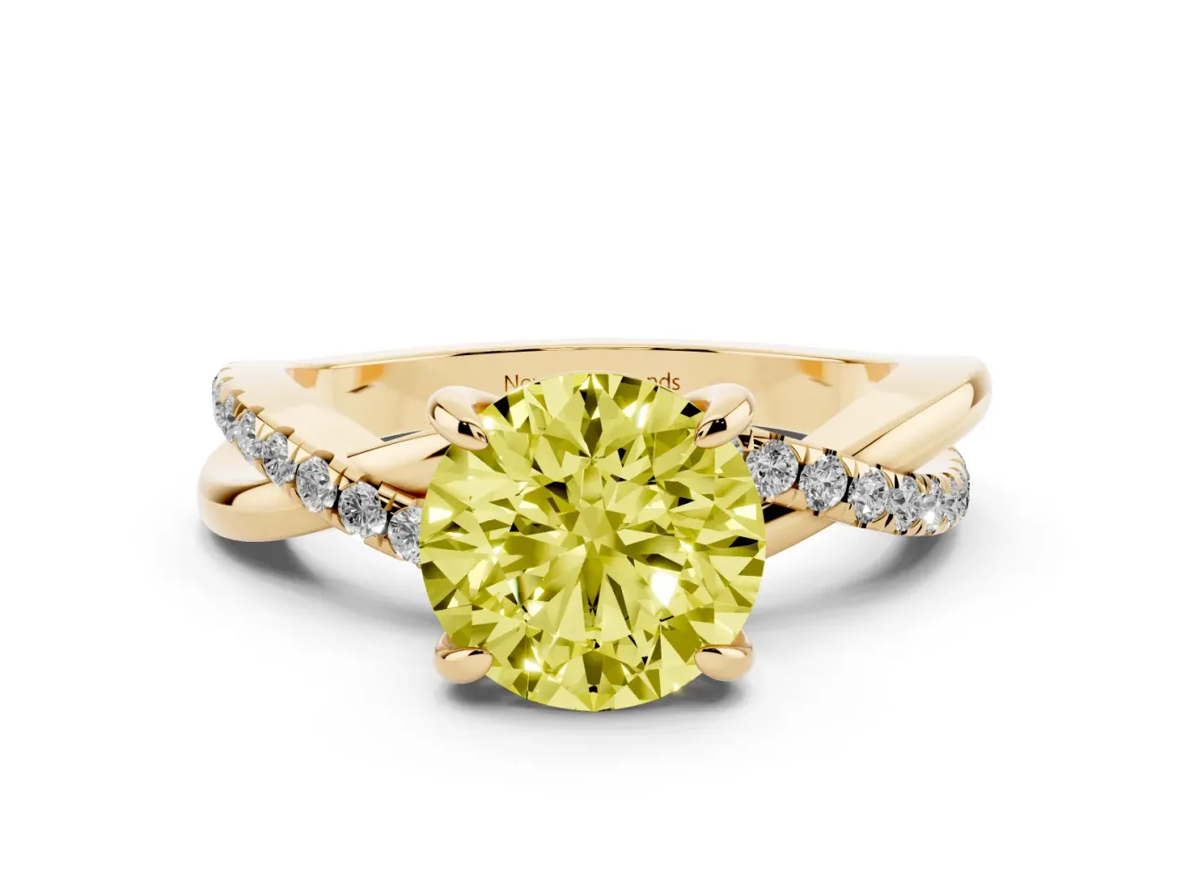 Fancy Yellow Round Cut Diamond Twist Band Solitaire Set in Yellow gold with Pavé Accents and Prong Setting
