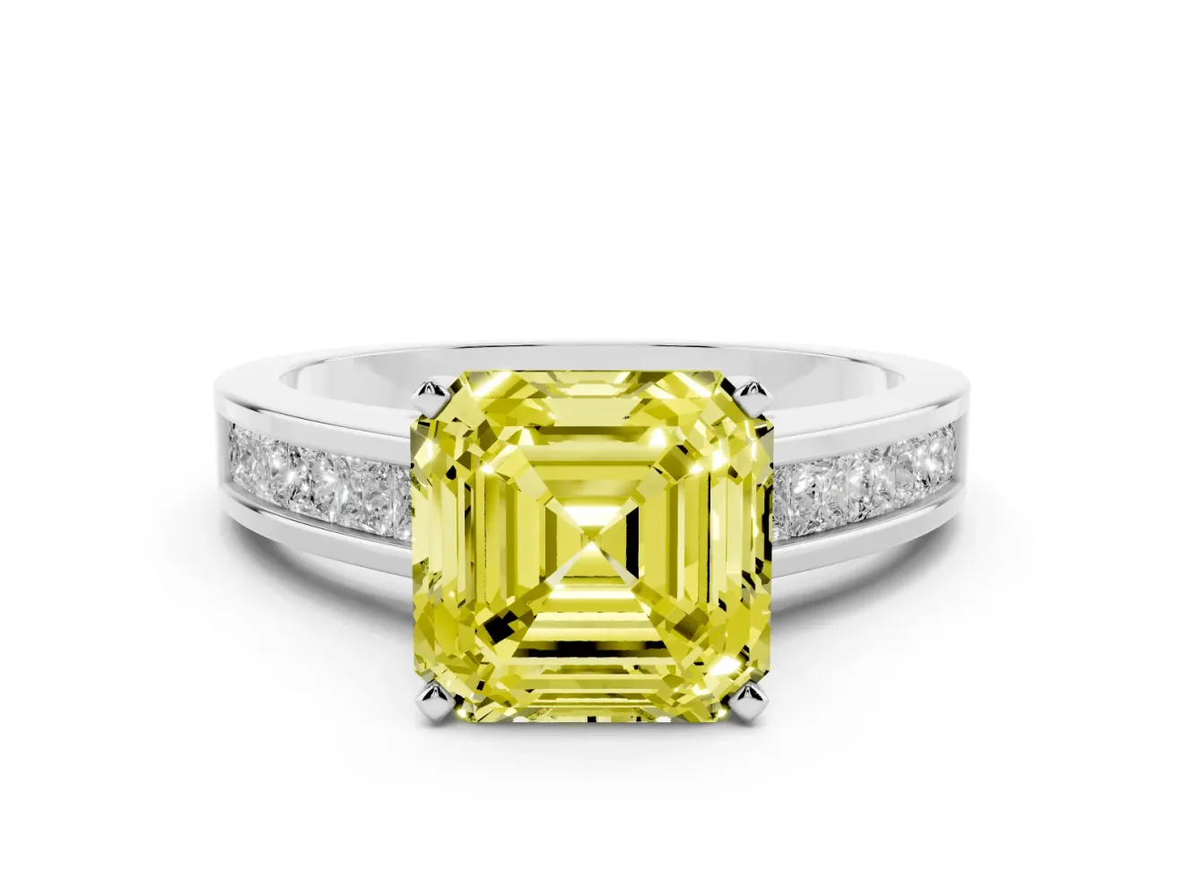 Fancy Yellow Asscher Cut Diamond Solitaire Ring Set in White gold with Channel-Set Band and Prong Setting