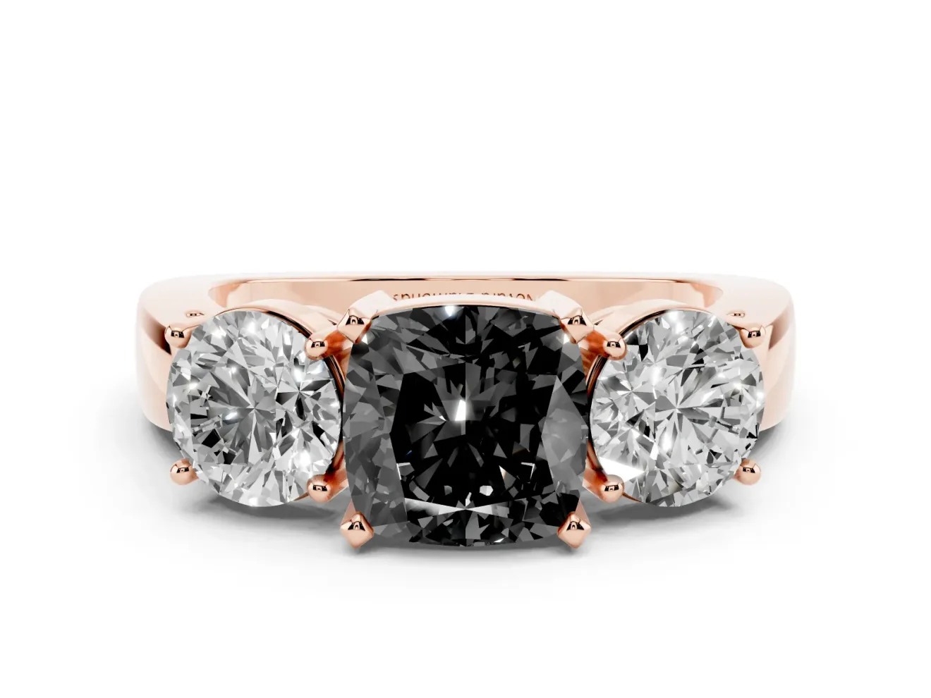 Cushion Cut Three Stone Engagement Ring Setting for a Black Center | Round Side Stones | Rose Gold