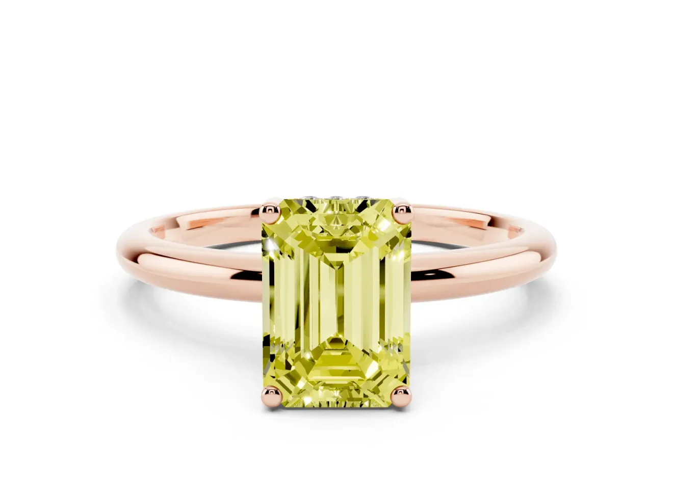 Fancy Yellow Emerald Cut Diamond Solitaire Engagement Ring Set in Rose gold with Prong Setting and Polished Band