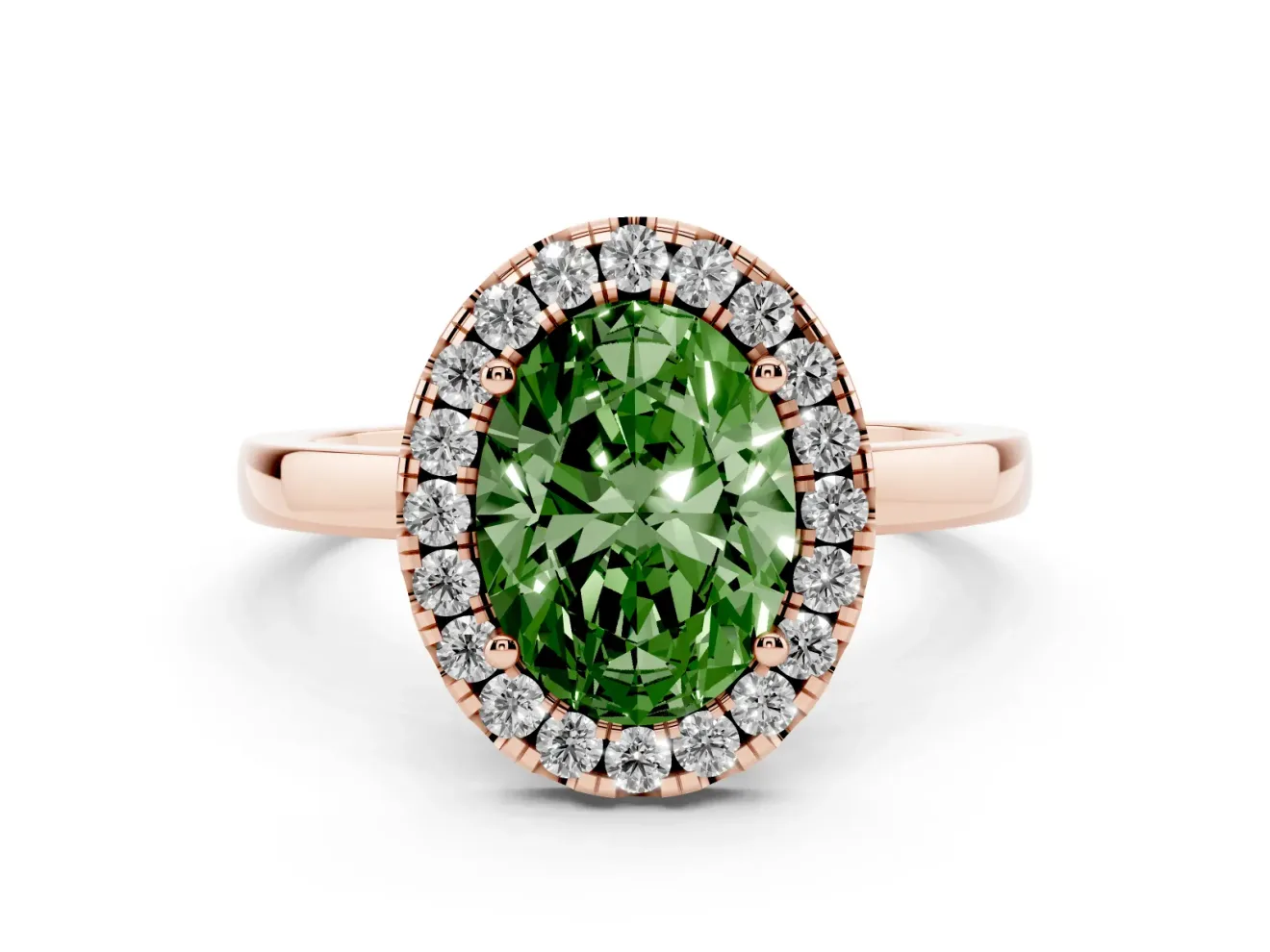 Fancy Green Oval Cut Diamond Halo Solitaire Ring Set in Rose gold with Pavé Band and Prong Setting