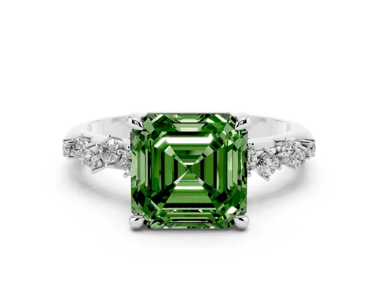 Fancy Green Asscher Cut Diamond Solitaire Vine Band Ring Set in Platinum with Round Accents and Prong Setting