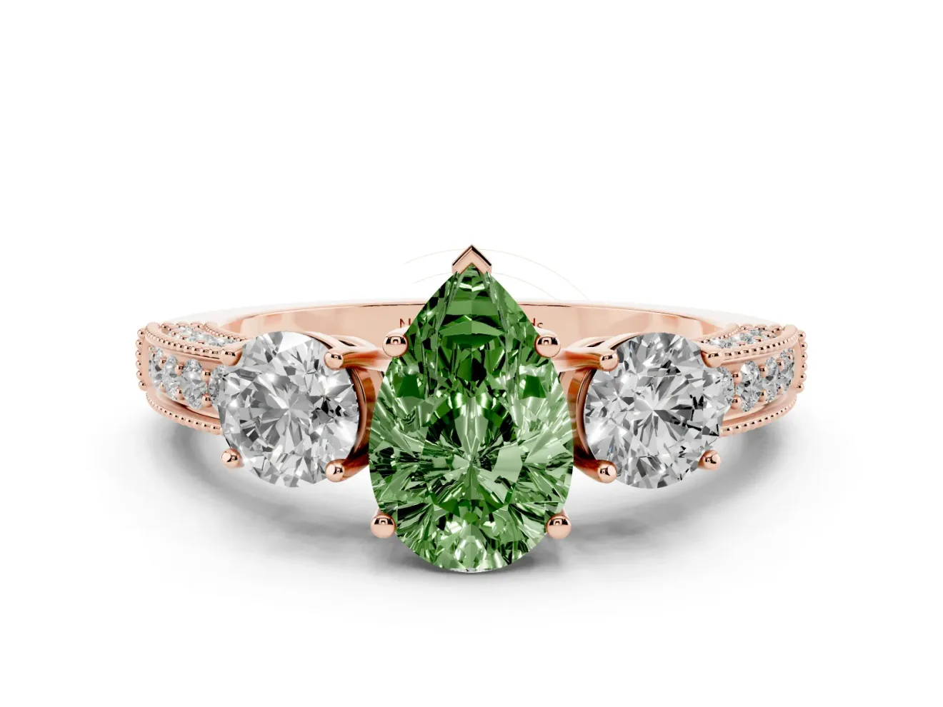 Pear-Shaped Three Stone Engagement Ring Setting for a Fancy Green Lab-Grown Diamond | Graduated Pave Band | Rose Gold