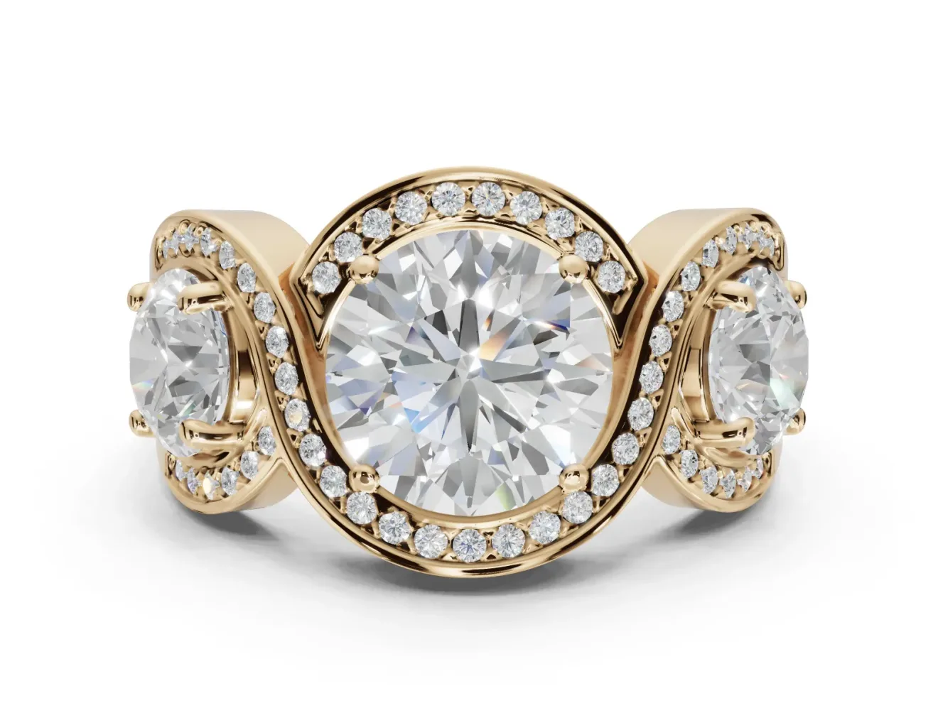 Round Three Stone Halo Engagement Ring Setting | Pavé Wave Band | Yellow Gold