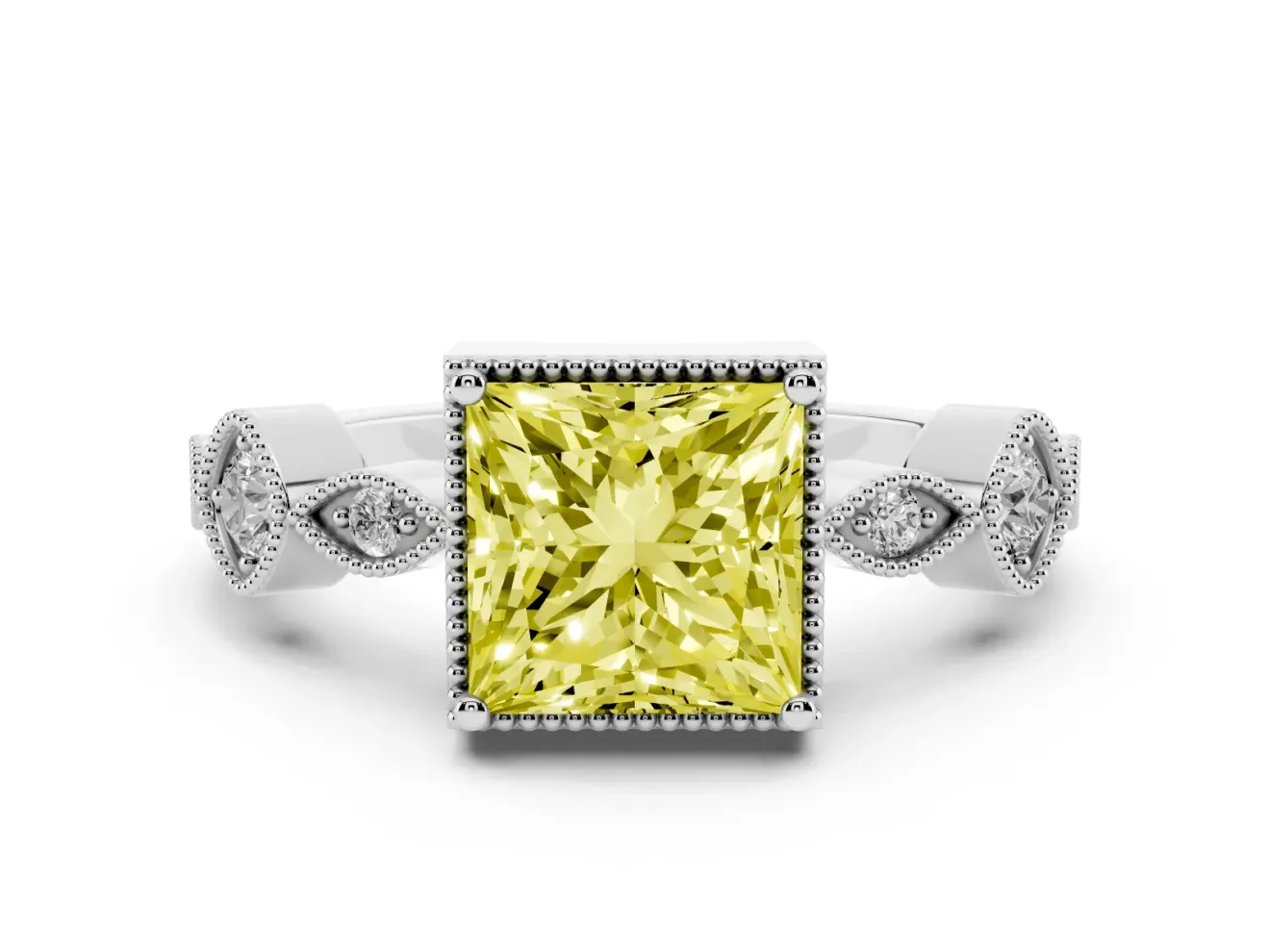 Fancy Yellow Princess Cut Diamond Vintage-Inspired Milgrain Ring Set in Silver with Marquise Stations of Round Accents