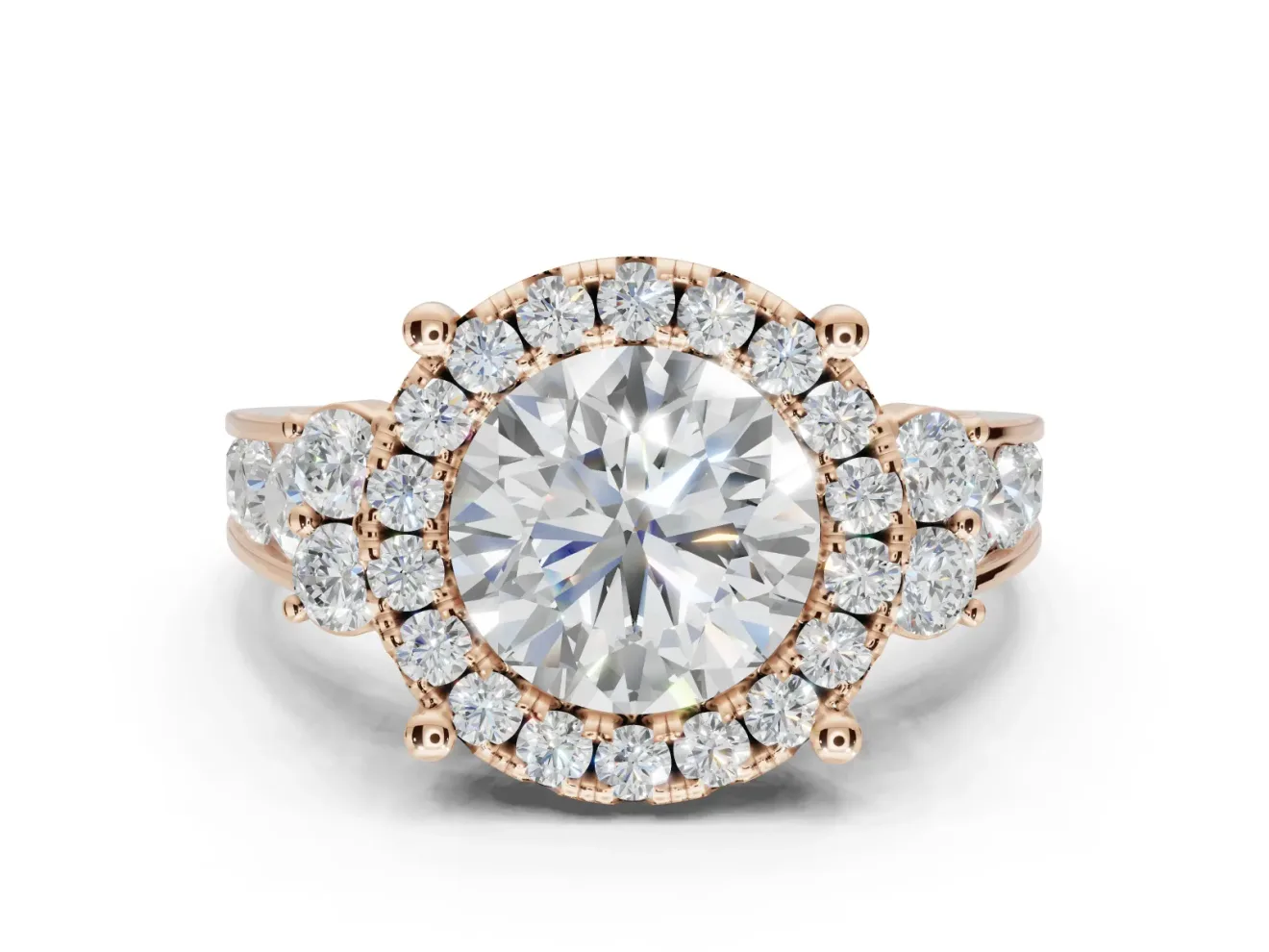 Round Halo Side Cluster Engagement Ring Setting | Graduated Channel Band | Rose Gold