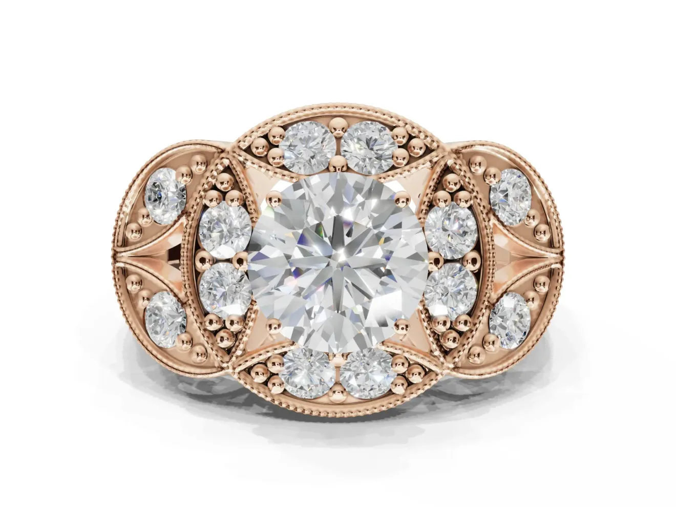 Round Vintage Floral Halo Engagement Ring Setting | Engraved Milgrain Band | Rose Gold