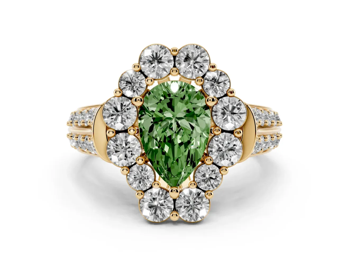 Pear-Shaped Large Accent Halo Engagement Ring Setting for a Fancy Green Lab-Grown Diamond | Graduated Pavé | Yellow Gold