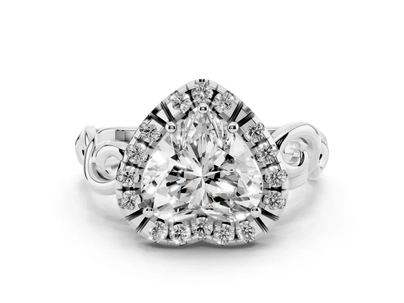 Heart Cut Diamond Halo Ring Set in Silver with Scrollwork Band and Prong Setting
