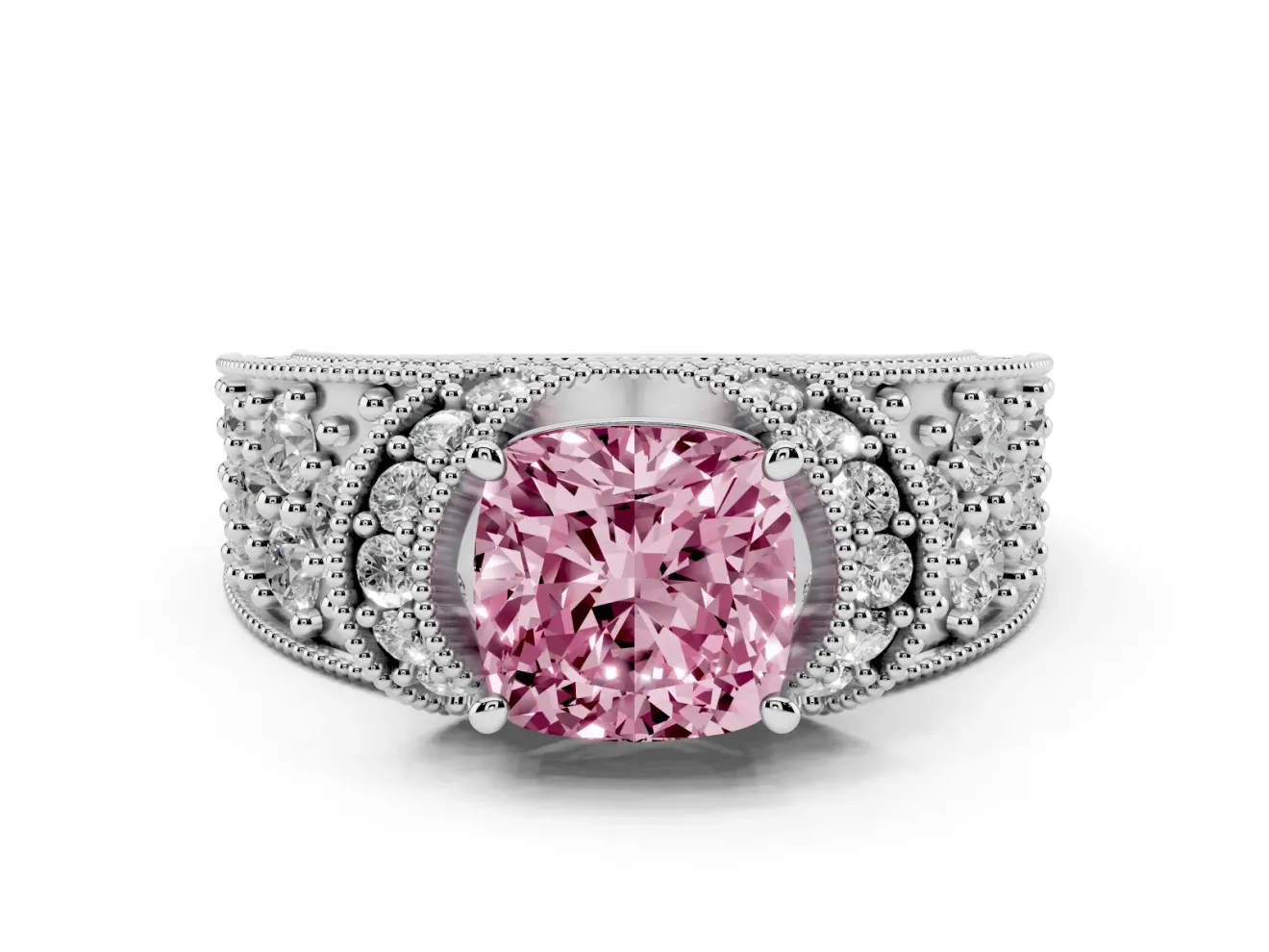 Cushion Cut Vintage Pave Engagement Ring Setting for a Fancy Pink Lab-Grown Diamond | Milgrain Edges | Platinum