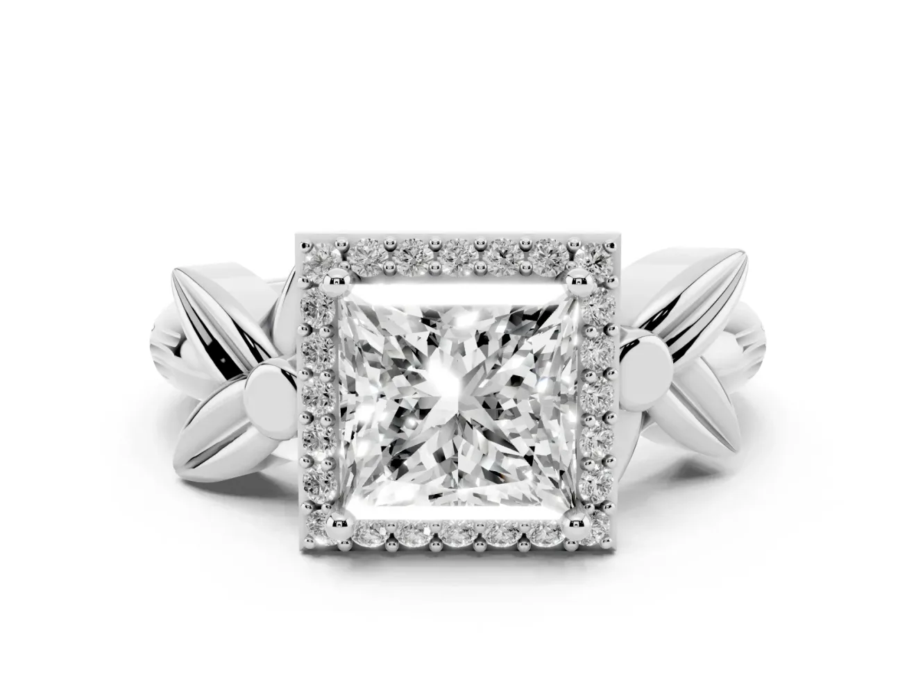 Princess Cut Floral Halo Engagement Ring Setting | Leaf Shoulders | White Gold